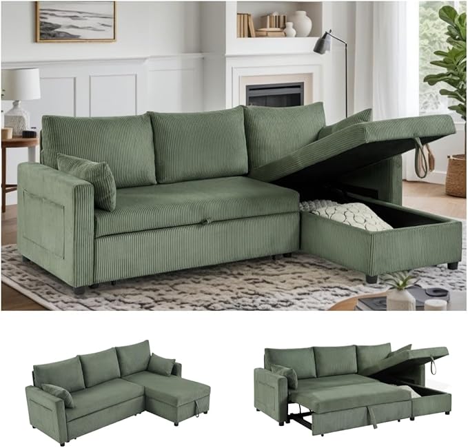 Queen Sleeper Sofa, Convertible Sofa Bed with Storage, 85 Inch Sectional Couch with Pull Out Bed, L Shaped 3 Seat Sectional Sleeper Sofa for Living Room, Apartment, Green