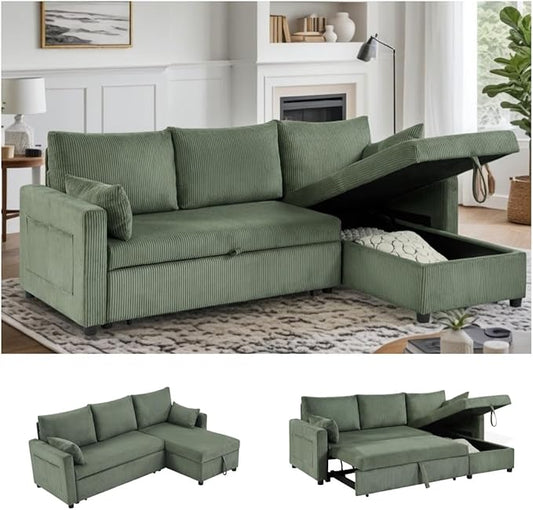 Queen Sleeper Sofa, Convertible Sofa Bed with Storage, 85 Inch Sectional Couch with Pull Out Bed, L Shaped 3 Seat Sectional Sleeper Sofa for Living Room, Apartment, Green