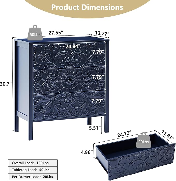 weselon Carving 3 Drawer Dressers for Bedroom, Wide Chest of Drawers with Storage, Accent Luxury Nightstand Small Dresser for Hallway Living Room Entryway Office (1, Gray Blue) - Image 2