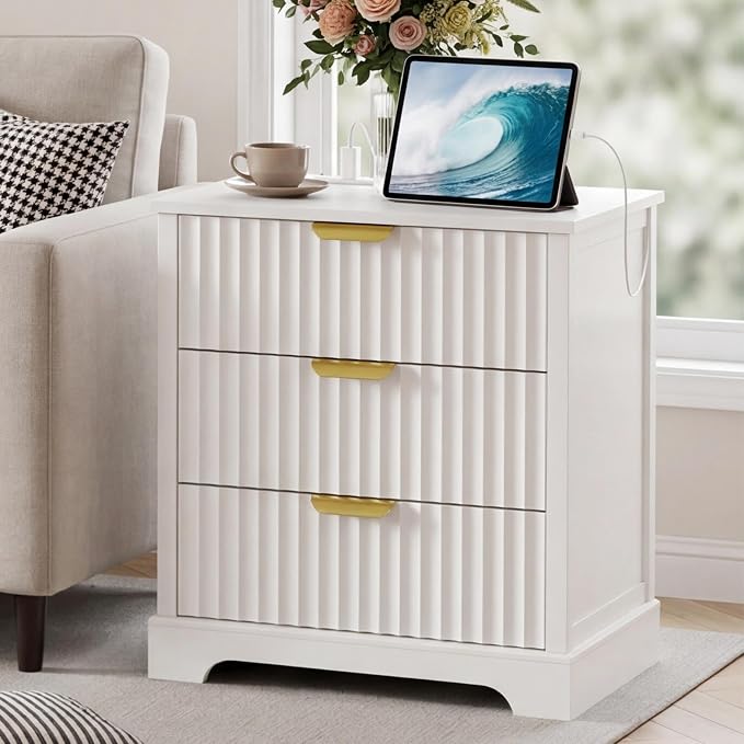 Fluted Nightstand with Charging Station, Modern Night Stand with 3 Drawers and Metal Handles, Large Bedside Table for Bedroom, White by HOME