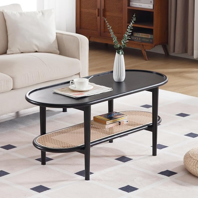 Black Rattan Coffee Table, 39.5" Oval Center Table with Storage Shelf, Modern 2-Tier Wood Side Table for Bedroom Small Space