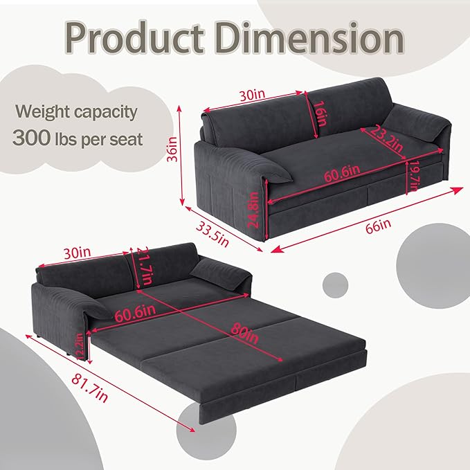 66" Queen Size Pull Out Sofa Bed, 3-in-1 Convertible Sleeper with Side Storage and Wheels, Velvet Loveseat for Living Room, Apartment, Bedroom, Grey (Mattress & Bedding Not Included)