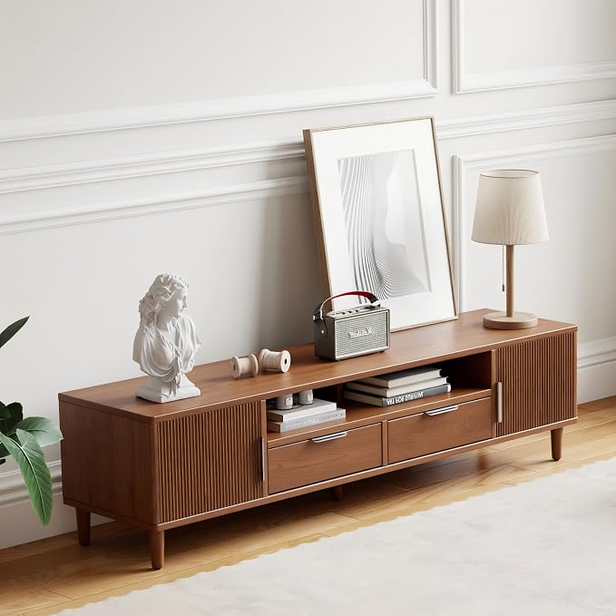 CycleCrew Mid Century Modern TV Stand for TVs Up to 70 in- Wooden Fluted Entertainment Center Low Profile TV Console with 2 Cabinet, Drawers and Shelf, Media Console for Living Room - Image 3