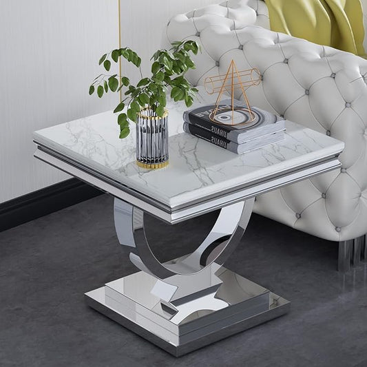 Modern Faux Marble End Table, Faux Marble Side Table with Geometric Frame, Rectangular Marble Center Table Tea Table Accent Furniture for Living Room, Simple Assembly (Silver)