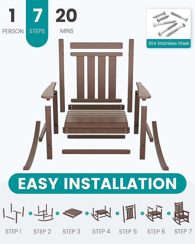SERWALL Oversized Outdoor Rocking Chair Set of 2, HDPE Rocker for Adults, Patio Rocking Chairs for Porch, Brown - Image 5
