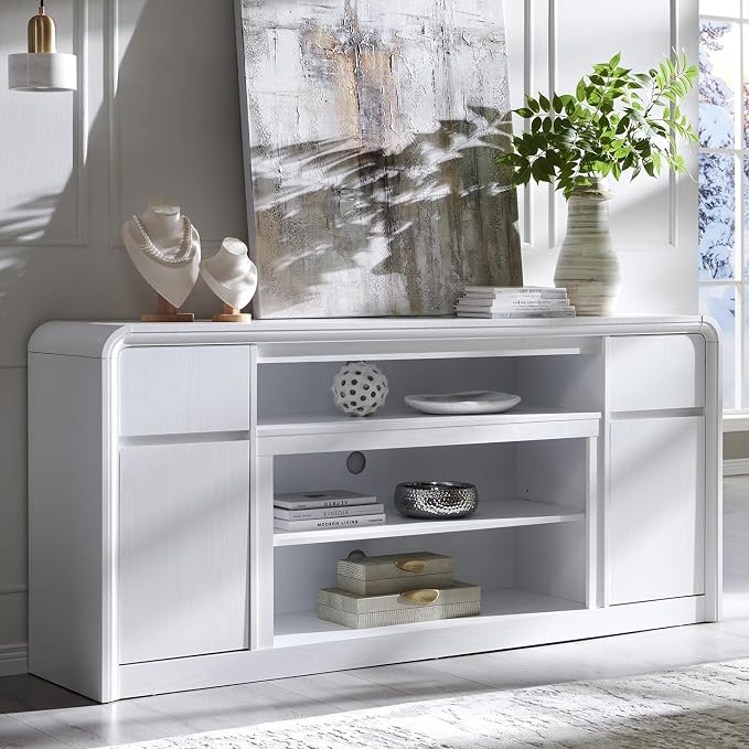 Modern TV Stand for 80 Inch TVs, 32"Tall Entertainment Center w/Storage Cabinet& drawers, Media Console Cabinet w/Soundbar & Adjustable Shelves for Living Room, Curved Profile Design, 70 inch (White) by AITJUNZ