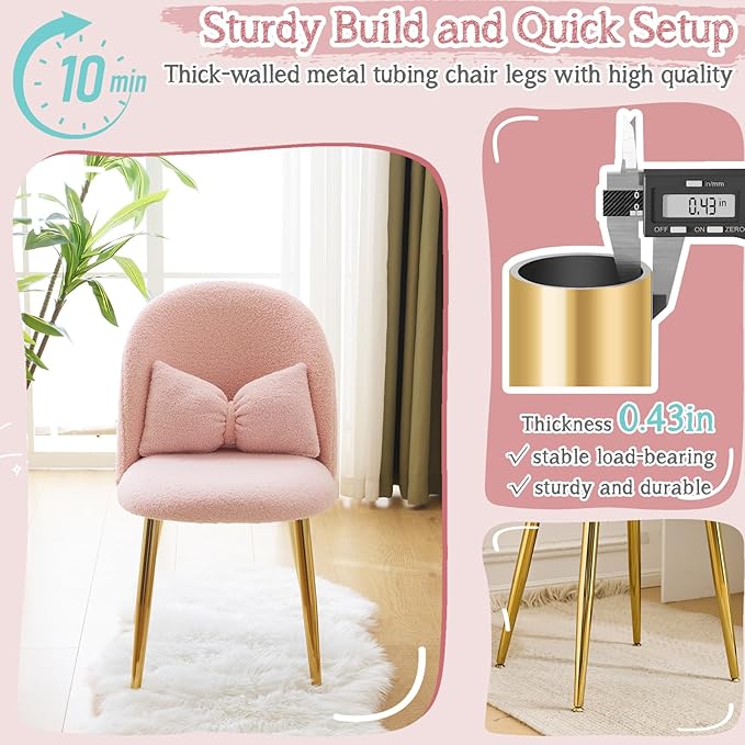 VINGLI Boucle Girls Vanity Chair with Back & Pillow,Cute Small Cozy Desk Chair No Wheels,Comfy Makeup Ch with Ajustable Gold Legs,for Bedroom,Living Room,Small Space,Pink