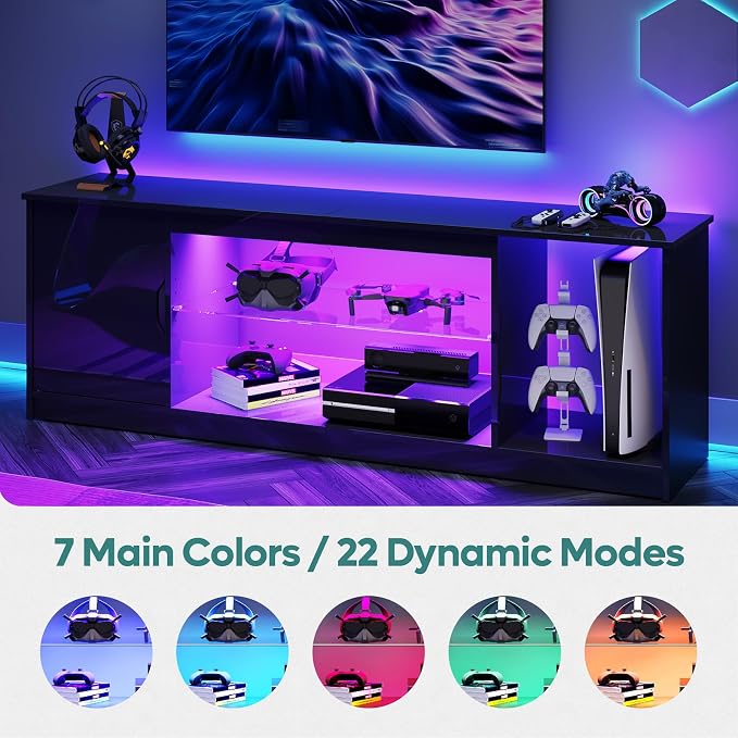 Bestier 57" Gloss Black Media Console - Gaming TV Stand for 65 Inch TV, Entertainment Center for PS5/Xbox Series X, Modern Home Theater Design, Adjustable Glass Shelves - Image 6