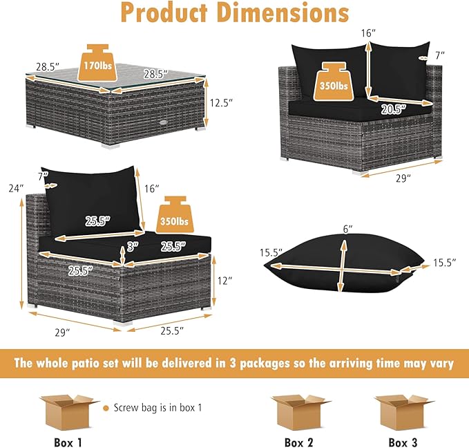 Tangkula 7 Piece Patio Wicker Furniture Set, Outdoor Rattan Sectional Sofa Set for 6 with Seat & Back Cushions, 2 Throw Pillows, Sofa Fastener Clips, for Backyard, Poolside, Deck and Garden (Black)