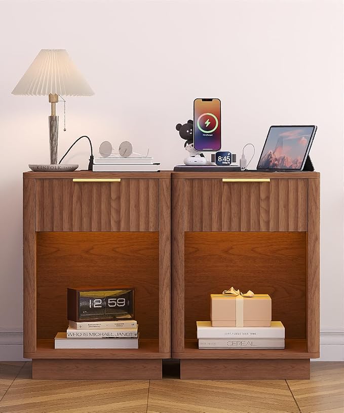 Akxomel Fluted Nightstands Set of 2, Wooden Night Stand with Charging Station and LED Light, Modern Mid Century End Table with Drawer, 15" D x 15.7" W x 22.6" H, for Bedroom, Walnut - Image 2