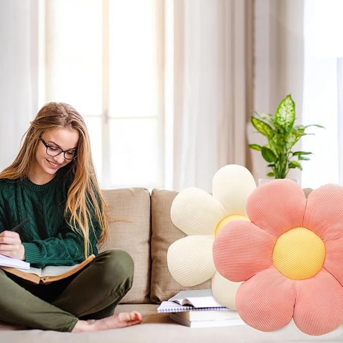 3Pcs Flower Pillow - Flower Shaped Throw Pillow Seating Cushion, Cute Daisy Flower Pillow Floor Pillows for Adults Kids Home Bedroom Sofa Chair Couch Decor (White/Green/Purple, 15.74 in+19.68 in)