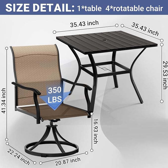 LEVELEVE 5 Piece Outdoor Patio Dining Set with 4 Swivel Dining Chairs & 1 Large Round Dining Table,Bistro Furniture Set for Lawn, Garden, Deck, Backyard and Porch - Image 5