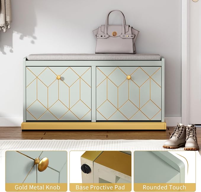 HLR Shoe Bench with Storage, Modern Entryway Bench with 2 Flip Drawer & Padded Cushion Seat, Shoes Storage Bench for Hallway, Closet, Living Room, Green Shoe Storage Cabinet with Bench - Image 6