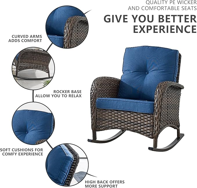 Belord Patio Rocking Chairs Furniture Set of 6, Outdoor Wicker Furniture Sets with Wicker Rocker, Small Patio Conversation Sets with Outdoor Couch Ottomans Brown/Blue