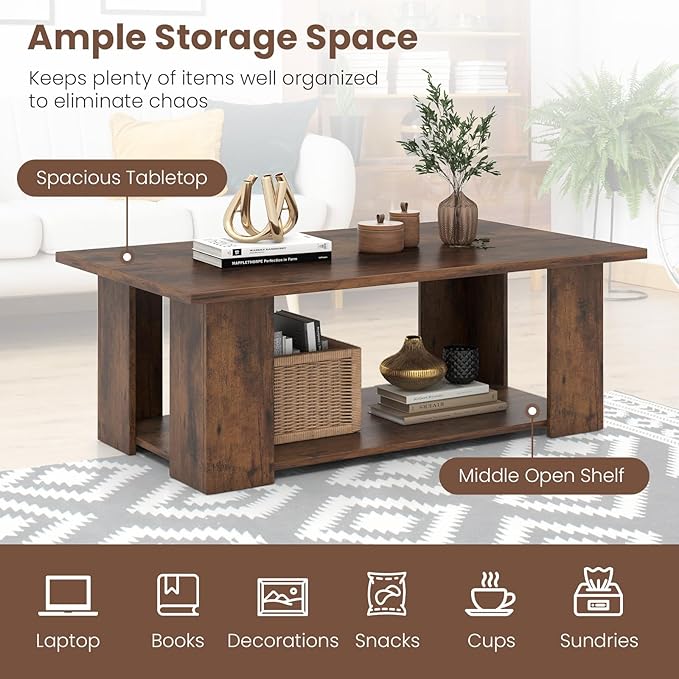GOFLAME Coffee Table with Storage, Modern Center Table for Small Space, Accent Tea Tables for Living Room, Reception Room, Dining Room, Easy Assembly, Rustic Brown