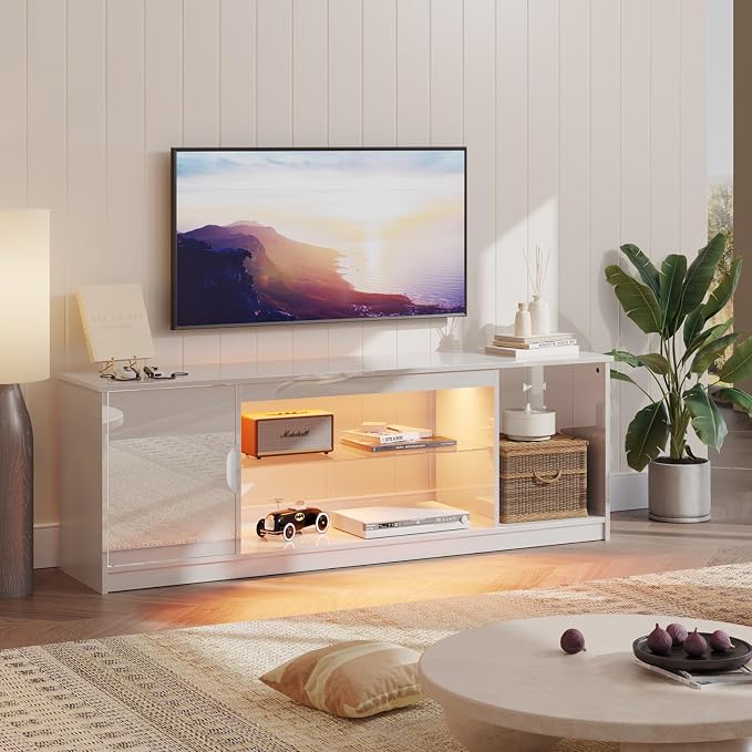 Bestier 57" Gloss White TV Stand for 65" TVs - Modern Gaming Console Unit with Glass Shelves, PS5/Xbox Cabinet, Adjustable Height Entertainment Center for Bedroom & Living Room by Bestier
