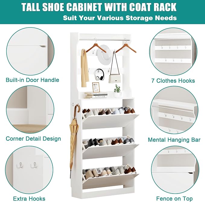 Shoe Cabinet for Entryway with 3 Flip Drawers, White Tall Wood Shoe Storage Cabinet with Coat Rack, Narrow Hidden Slim Freestanding Shoe Rack Organizer, 2 in 1 Hall Tree for Living Room, Hallway - Image 6