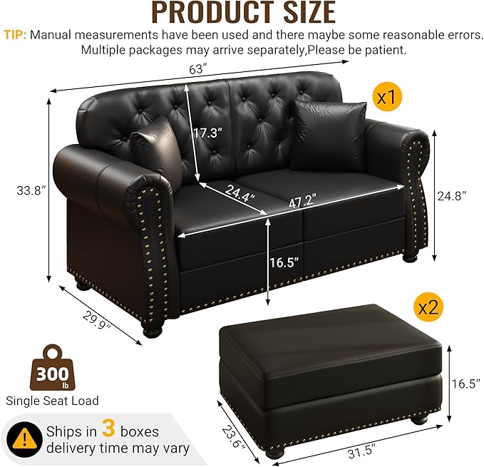 KEIKI 63" Faux Leather Chesterfield Sofa with Rolled Arms & Nailhead Trim & 2 Ottoman, 2-Seater Button Tufted Couch with High Resilience Cushion & 2 Pillow, Easy Assembly, for Living Room, Black