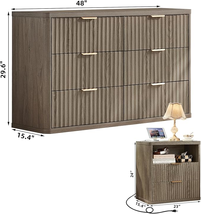 LEYAOYAO Fluted Dresser and Nightstand Sets, Wood 48" Wide Dresser & 23" Night Stand with Charging Station, 2 Piece Bedroom Furniture Set, Chest of Drawers for Bedroom, Home, Living Room,Grey