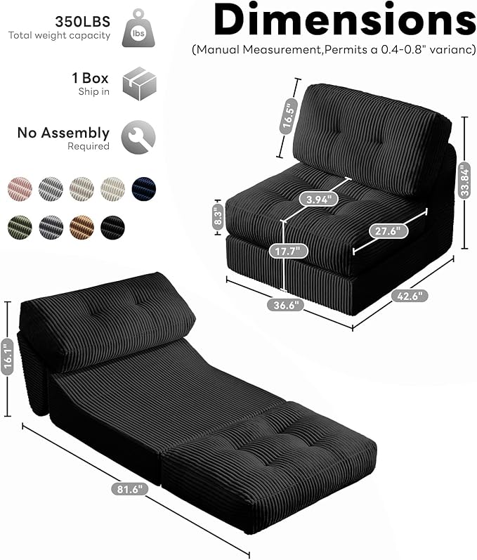 Tbfit Convertible Sleeper Chair, Adjustable Folding Sofa Bed with Large Pillow, Corduroy Folding Couch Bed, Portable & Foldable Mattress Boneless Floor Sofa for Living Room, RV, Office, Black, Single