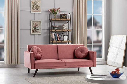 72" Retro Velvet Sofa Bed - Vintage Modern Convertible Futon w/Reclining Backrest - Velvet Upholstery on Solid Wood Frame (72" L x 34.6" W x 30.23" H), Rose