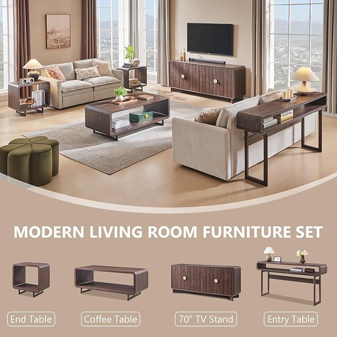 IFGET 70" Modern TV Stand for TVs Up to 80 inches, 30" Tall Entertainment Center with Storage and Adjustable Shelves, TV Console with Curved Profile Design, Media Console for Living Room, Brown - Image 7