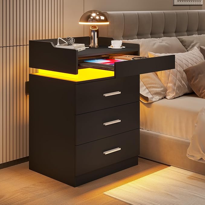 HAUOMS Large Nightstand with Charging Station and LED Light,Side Table with 3 Drawers & Pull-Out Shelf, Bedside End Table with USB Ports and Outlets, Black Night Stand for Bedroom by HAUOMS