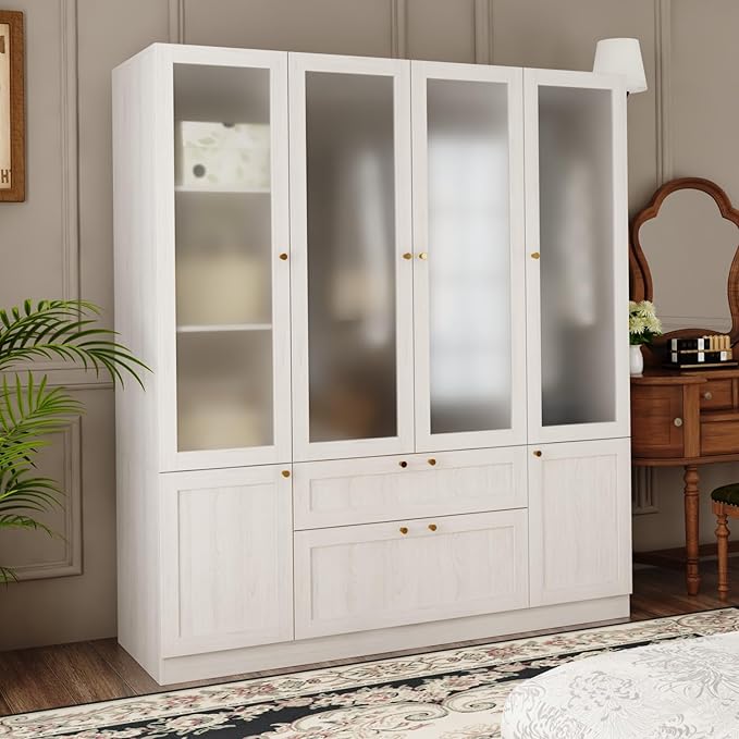 4 Door Wardrobe Armoire Closet with Hanging Rods & 2 Drawers, Bedroom Armoire with Frosted Glass Doors, Clothes Wardrobe with Gold Knob, Wood Grain, 19.7”D x 63”W x 70.9”H