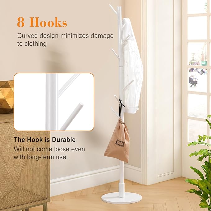 VECELO Coat Rack Freestanding, Entryway Hanger Stand, Umbrella Holder, Hall Tree With Hooks, Floor Standing Metal Tree Stand,White - Image 6