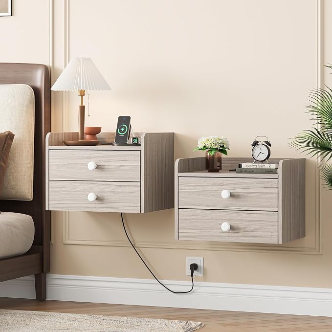 Floating Nightstand Set of 2 with 2 Storage Drawers and Charging Station Wood Wall Mounted Bedside End Table Modern Night Stands Set 2 for Bedroom,Small Space,Grey by Vabches