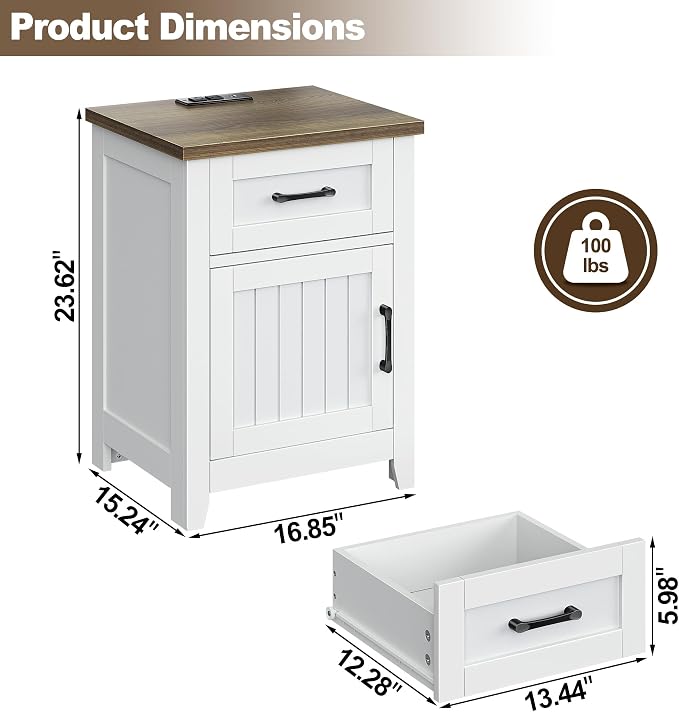 Decofy Farmhouse Nightstand with Charging Station, Set of 2 Modern End Tables with Large Storage & One Drawers, Outlets, USB Ports & Type-C Ports, Wood Rustic Nightstands for Bedroom (White + Walnut) - Image 2