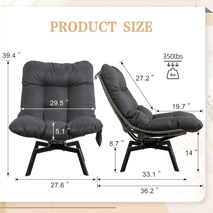Vongrasig Swivel Wicker Chair PE Rattan Chair with Cushion, Oversized Patio Lounge Chair for Outdoor, Indoor, Balcony, Backyard, Garden, Living Room, Black Rattan - Image 2