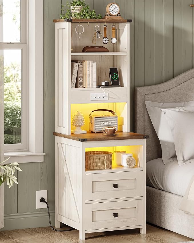 Farmhouse Tall Nightstand with Charging Station and Bookshelf,Led Wood Night Stand with 2 Drawers, Bedside End Side Table with 6 Hooks and Storage Shelves for Bedroom, Antique White by Unknown