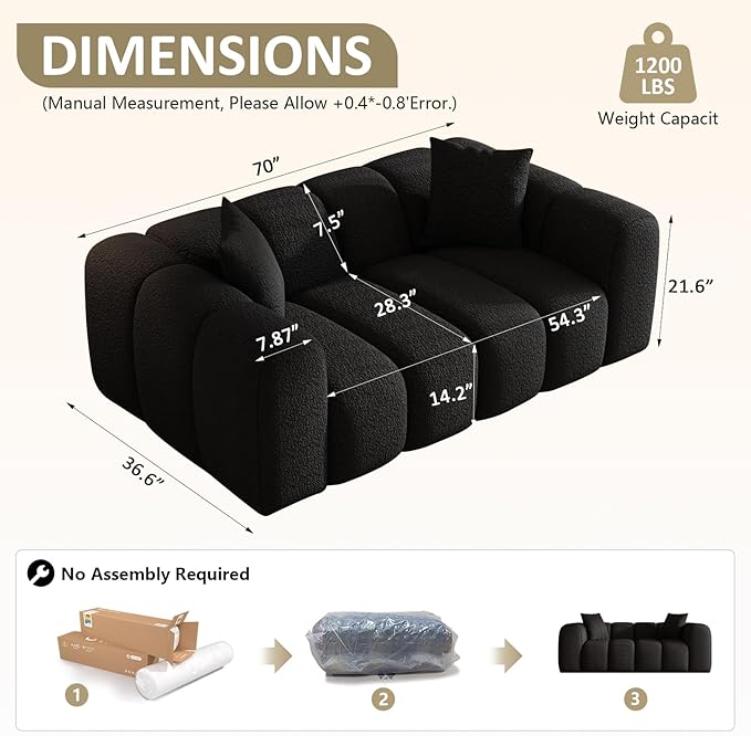 70" Modern Chenille Fabric Sofa Couch – One-Piece Memory Foam 3-Seater Sofa with Rounded Arms, Soft & Cozy Upholstery for Living Room (Black)