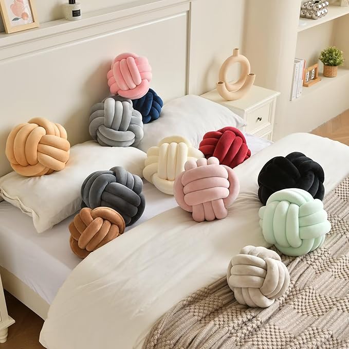 LUSJNGE Decorative Throw Knot Pillow Ball for Home Chair Sofa Couch Bed Aesthetic Round Velvet Knotted Pillow Cushion (Coffee, 8 inches)