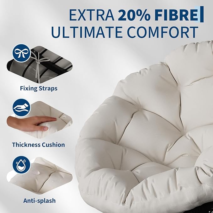 Garvee Papasan Chair, 37" Ergonomic Wicker Papasan Chair with Extra-Thick Soft Fabric Cushion, Heavy-Duty Steel Frame, 360° Swivel Base for Living Room, Bedroom & Reading Nook – White - Black Stand