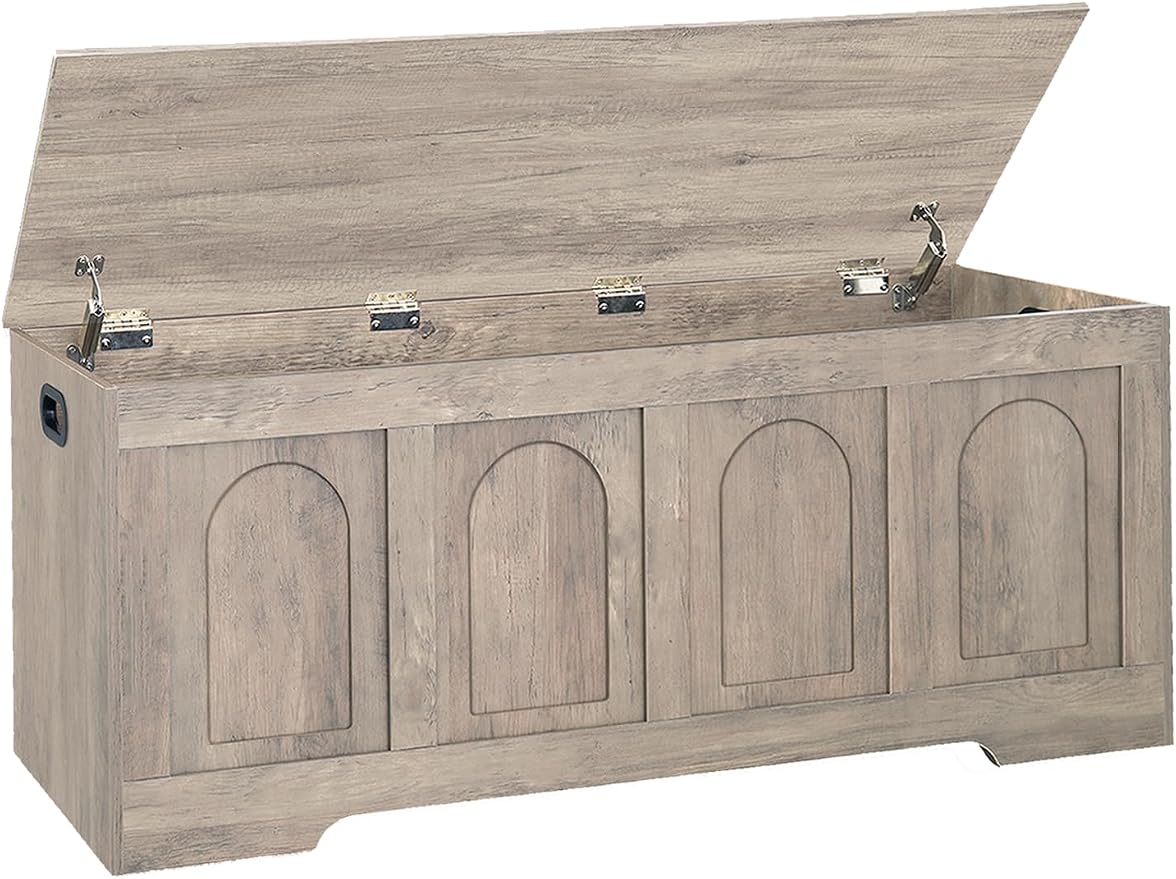 DINZI LVJ Storage Chest, 47.2" Rattan-Like Toy Box with 2 Safety Hinges, Wooden Entryway Storage Bench with Flip-Top, Large Trunk for Living Room, Bedroom, Easy Assembly, Greige by DINZILVJ
