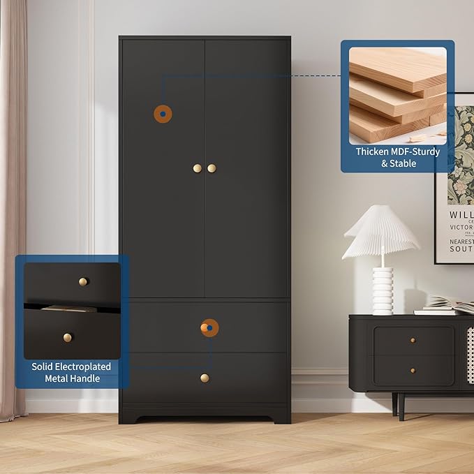 TROPOW Wood Armoire Wardrobe Closet, 71" Wood Clothing Storage Cabinets with 2 Doors, 1 Adjustable Shelf and 2 Drawers, Wardrobe Cabinet with Hanging Rod for Bedroom, Gym, Cloak Room, Black