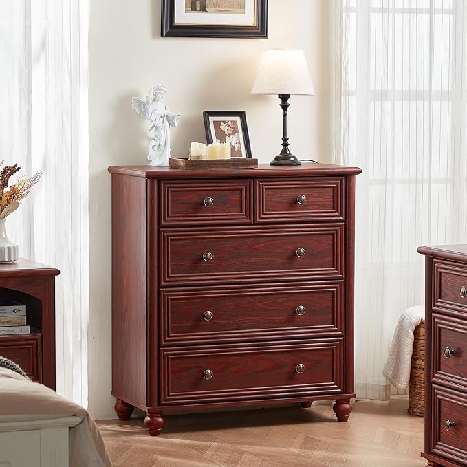 RWYHG Farmhouse 5 Drawer Dresser for Bedroom, 35.5" Tall Small Dressers & Chest of Drawers, Rustic Wood Dresser with Roman Column, Storage Organizer for Living Room, Hallway, Closet (Red Oak) by RWYHG