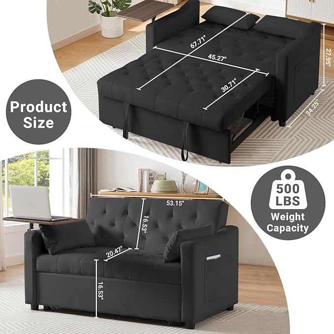 3 in 1 Convertible Sofa Bed, Pull Out Couch with 3-Level Adjustable Backrest, Loveseat Sleeper Recliner with Storage Pockets and Side Table, Velvet Chaise Lounge for Living Room