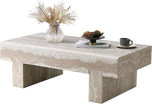 Modern Marble Coffee Table for Living Room Stone Travertine Rectangle Coffee Tables Mid Century Center Table with Storage