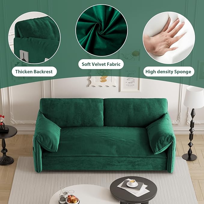 Ball & Cast 63.8" Pull Out Sofa Bed, 3-in-1 Convertible Sleeper Sofa with Side Storage Pockets,Multi-Functional Velvet Loveseat Bed for Living Room,Bedroom,Apartment,Office,Green