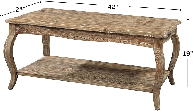 Alaterre Furniture Austerity 42-Inch Rustic Coffee Table with Open Shelf, Curved Legs, and Scalloped Edge - Easy Assembly Reclaimed Wood Living Room Table - Farmhouse Furniture (Driftwood Finish)