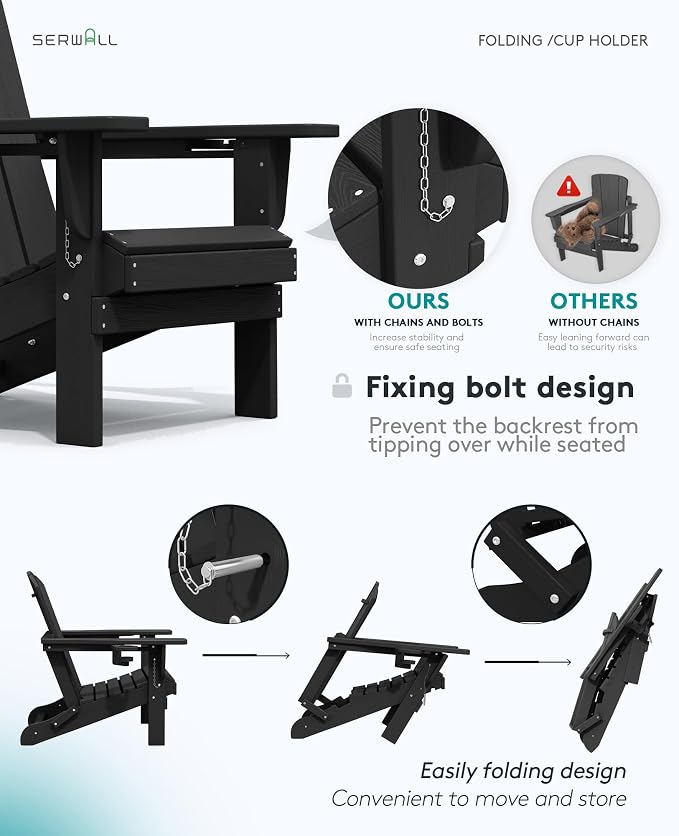 SERWALL HDPE Folding Adirondack Chair with Dual Cup Holder - Composite Adirondack Chair - Black - Image 7