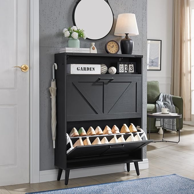 Barnyatoh Shoe Storage Cabinet, Farmhouse Shoe Organizer with 2 Flip Drawers & Barn Door,Freestanding Hidden Slim Narrow Shoe Rack Cabinet with Open Storage for Entryway, Foyer, Black by Barnyatoh
