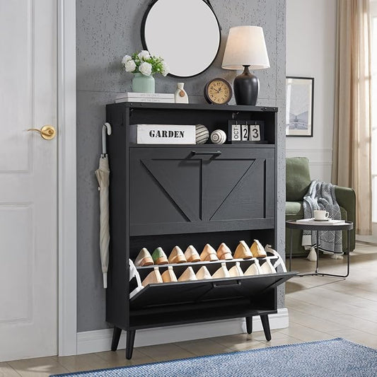 Barnyatoh Shoe Storage Cabinet, Farmhouse Shoe Organizer with 2 Flip Drawers & Barn Door,Freestanding Hidden Slim Narrow Shoe Rack Cabinet with Open Storage for Entryway, Foyer, Black by Barnyatoh