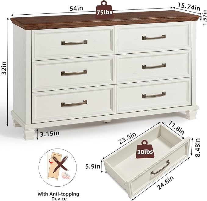 SAVOR LIFE Farmhouse White 6 Drawer Dresser for Bedroom, 54 inch Wide Vintage Large Chest of Drawers with Square Wood Legs, Rustic TV Console for Living Room, Wooden Storage Closet Dressers for Home - Image 2