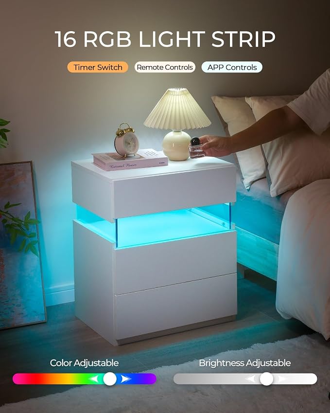 Bingoday LED Nightstands 3 Drawer Nightstand for Bedroom Bedside Tables with Acrylic Board LED End Table for Bedroom Living Room Bedside Furniture (White) - Image 5