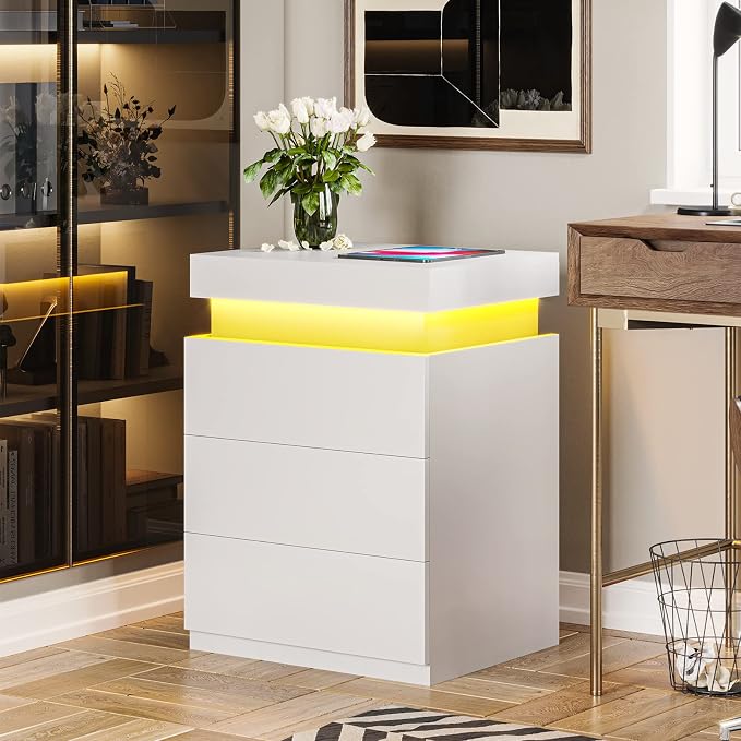 ADORNEVE Nightstand with Charging Station and LED Lights,Night Stand with Sliding Top for Bedroom,Bedside Table with Drawers,Modern End Side Table,White - Image 8