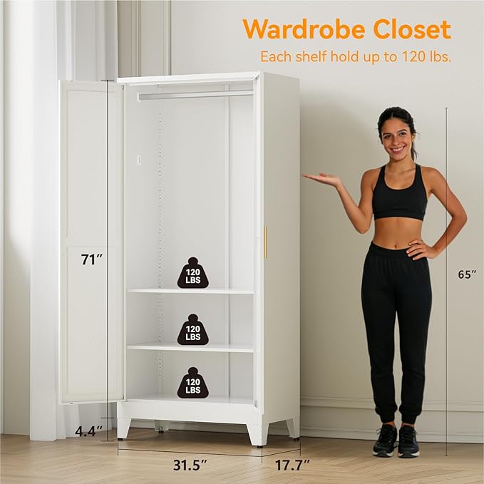 71" Tall Metal Armoire Wardrobe Closet,17.7" Deep By 31.5" Wide Portable Closet for Hanging Clothes,Wardrobe Cabinet with Adjustable Shelves for Bedroom Office Laundry Room,White 1 Pack